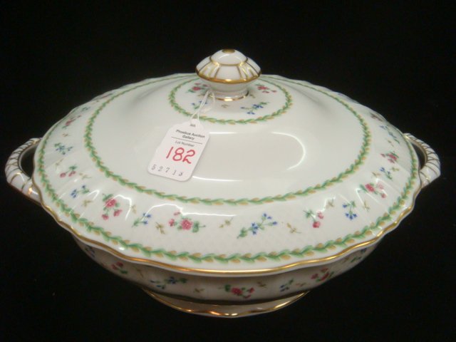 BERNARDAUD LIMOGE Artois Green Covered Serving Bowl:: BERNARDAUD LIMOGE Artois Green Covered Serving Bowl: Decorated with Laurel Wreath and Flowers, Gold Rim on Versailles Shape. Footed Bowl with Handles is 10 1/4"D. Marked on Bottom "Artois-Decor de la