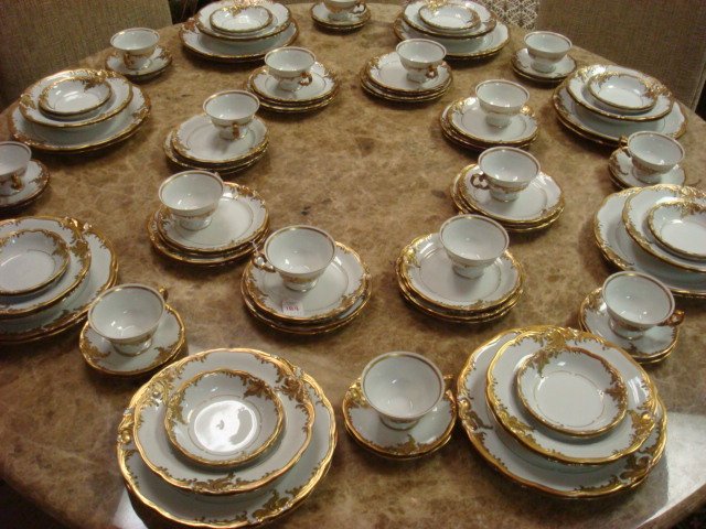 WALBRZYCH Polish Dinnerware Service for 16:: WALBRZYCH Polish Dinnerware Service for 16: Heavy Gold with Black Outlines on Verge. Includes 16 Each Dinner, Salad and Bread Plates, Fruit and Rimmed Soup Bowls, Cups and Saucers. 112 Pieces. (400-50