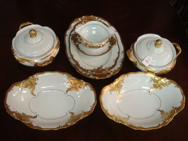Seven WALBRZYCH Polish Dinnerware Serving Pieces:: Seven WALBRZYCH Polish Dinnerware Serving Pieces: Heavy Gold with Black Outlines on Verge. Includes Two 13" Oval Vegetable Bowls, Two 8" Round Handled and Lidded Serving Bowls, 13" & 15" Platters and 