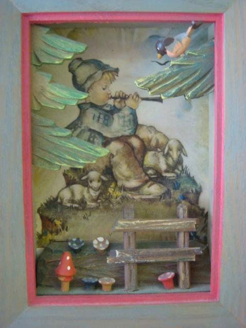 ANRI Hummel Prints in Shadowbox Frames, Music Box:: ANRI Hummel Prints in Shadowbox Frames, Music Box: Two Shadowbox Framed Genuine Hummel Prints with Carved Wooden Demensional Foreground. 5 3/4" X 7 1/2". H&G Studios Music Box of Distinction Plays Ove