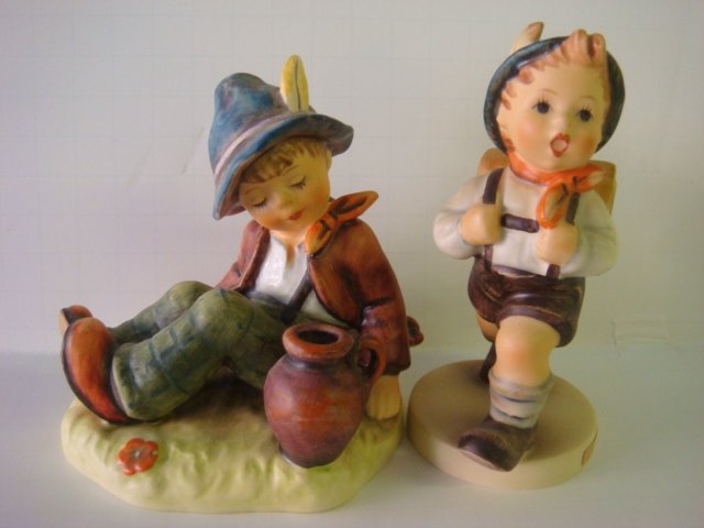 GOEBEL HUMMEL School Boy and Coffee Break Figurines:: GOEBEL HUMMEL School Boy and Coffee Break Figurines: School Boy HUM 82/2/0 TMK-6, 4 3/4"T. Coffee Break HUM 409 TMK-6. This was the 9th Special Edition Piece for Members of the Collectors Club. (40-60