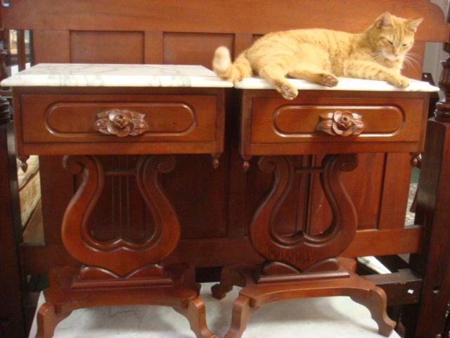 Pair of "Victorian" Mahogany Marble Top. Side Tables:: Pair of "Victorian" Mahogany Marble Top. Side Tables: Single Drawer with Anemone Carved Handles. Lyre Base with Brass "Strings". On Platform with 4 Way Foot. (300-500)