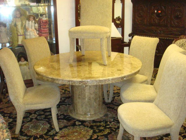 Compressed Marble Dining Table with 8 Parsons Chairs:: Compressed Marble Dining Table with 8 Parsons Chairs: 58" Diameter Polished Tan Table on Paneled Cylindrical Center Pedestal Seated on Round Foot. 29 1/2"T. Coordinating Upholstered Side Chairs. (1000