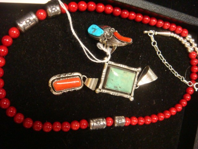 Sterling Carnelian Necklace, 2 Slides and Ring:: Sterling Carnelian Necklace, 2 Slides and Ring: 25" Necklace with Sterling Beads. Red and L Begay Turquoise Agate Slides Set in Sterling Mounts with Bales. Size 7 Floral Ring with Tumbled Turquoise an