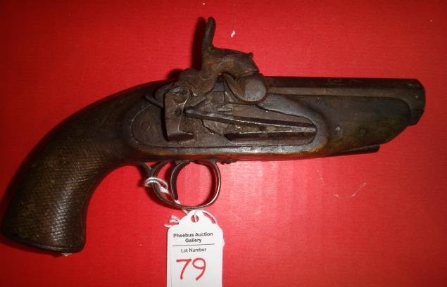 Derringer Style Percussion Pistol CA 1790:: Derringer Style Percussion Pistol CA 1790: Unmarked .75 Cal Percussion Pistol with Modified Flintlock Style Firing Mechanism. Carved Single Piece Checked Handgrip. Engraved Lockplate & Barrel. Antique