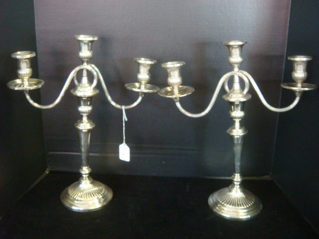 Pair of THEO. STARR Sterling Silver Candelabra:: Pair of THEO. STARR Sterling Silver Candelabra: CA 1890's-1924. Succeeded by Reed & Barton. Each 3 Arm Candelabra is 15 1/2"T. One has Crack at Base of Stem, One Candle Cup Separated on the Other. Wei