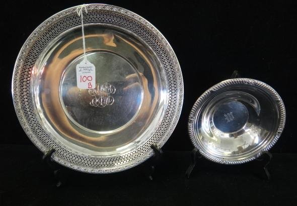 Sterling Silver Shallow Dish and Bowl:: Sterling Silver Shallow Dish and Bowl: Watson Co Reticulated Dish is 10"D with Floral Rim. Frank Whiting Bowl is 6 1/4"D. Both Monogrammed. 10.50 Oz. (100-200)