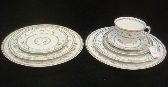 BERNARDAUD LIMOGE Artois Blue/Green Dinnerware:: BERNARDAUD LIMOGE Artois Blue/Green Dinnerware: Decorated with Laurel Wreath and Flowers, Gold Rim on Versailles Shape. 5 Piece Artois Bleu Includes Dinner, Salad and Bread Plates, Cup and Saucer. 3 P
