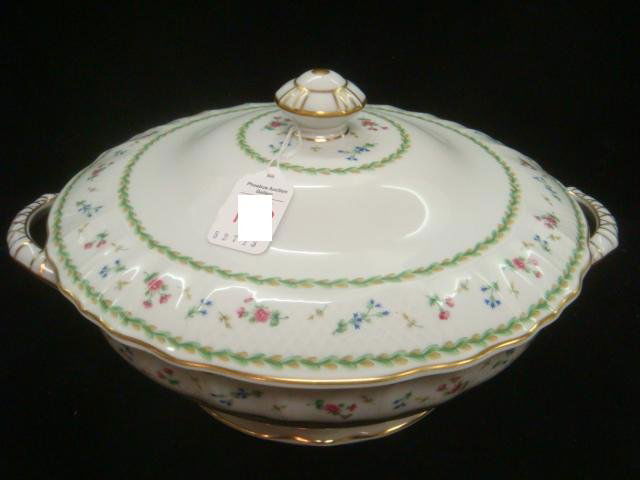 BERNARDAUD LIMOGE Artois Green Covered Serving Bowl:: BERNARDAUD LIMOGE Artois Green Covered Serving Bowl: Decorated with Laurel Wreath and Flowers, Gold Rim on Versailles Shape. Footed Bowl with Handles is 10 1/4"D. Marked on Bottom "Artois-Decor de la