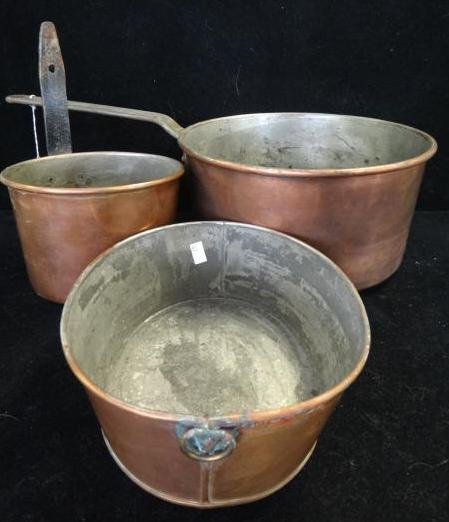 Three Antique Copper Cooking Pots:: Three Antique Copper Cooking Pots: Large Stock Pan with Riveted Metal Handle is 5 1/2"T 10 1/2"D. Dovetailed Bottom, Star Mark on Handle. Smaller Pan with Straight Metal Handle (Replaced) is 4 3/4:T, 