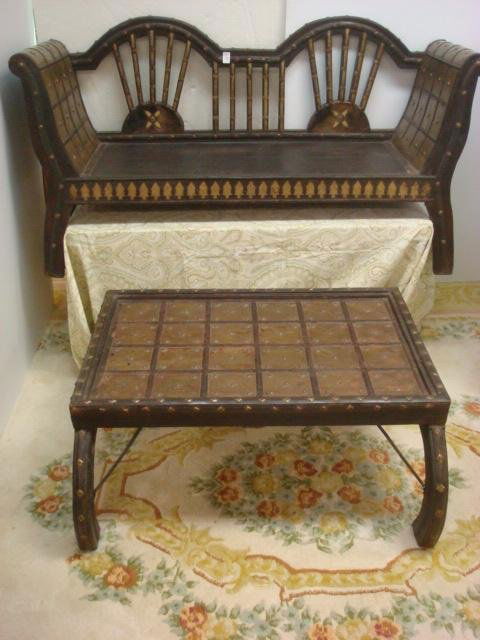 Mango Wood and Brass Settee and Coffee Table:: Mango Wood and Brass Settee and Coffee Table: Settee With Open Wagon Wheel Spindle Back and High Rolled Arms. 58" Arm to Arm. Coffee Table with Broad C-Shape Legs, Rectangular 16"T, 36" X 32". All Bra