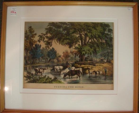 NATHANIEL CURRIER Colored Lithograph Fording the River:: NATHANIEL CURRIER Colored Lithograph Fording the River: From Original by Fanny Palmer (1812-1876) Created Over 200 Works, Stayed with Currier Until Ives Started Redrawing Her Work. 15 1/4" X 11 1/4" V