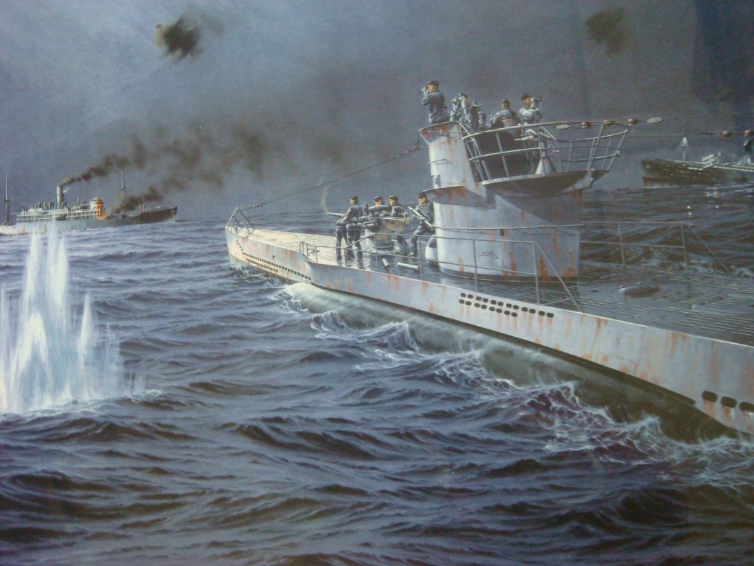 OTTO KRETSCHMER Signed Print "U-99 in Battle":: OTTO KRETSCHMER Signed Print "U-99 in Battle": Signed by Artist Jurgen Scahe and WWII U-Boot Ace Otto Kretschmer. Image 18" x 24", Framed and Matted. Sea Battle November 3/4, 1940, U-99 Sinking PATROC