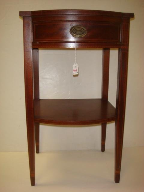 BIGGS Solid Inlaid Mahogany Night Stand:: BIGGS Solid Inlaid Mahogany Night Stand: Federal Style with Tapered Straight Legs. Single Slightly Bowed Drawer and Lower Shelf. High Quality Reproductions Bought by Kittinger in 1975. 31"T X 18"W X 1