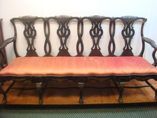 Ca. 1750 Italian CHIPPENDALE 4 Chair Back Settee:: Ca. 1750 Italian CHIPPENDALE 4 Chair Back Settee: Period Chippendale Seating Piece From Italy in the Late 18th Century. Ball and Claw Feet, Carved Knees, Scroll Armes with 4 Chair Back Ribbon Style Ch