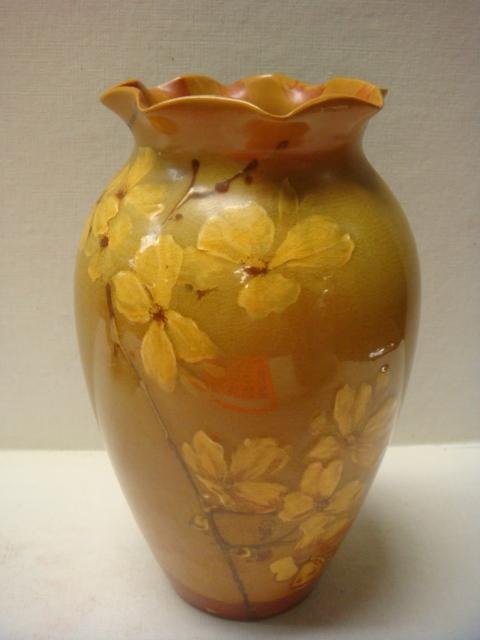 1888 ROOKWOOD High Glaze Shouldered Vase:: 1888 ROOKWOOD High Glaze Shouldered Vase: Olive Green Shading to Amber at Base and Wavy Lip. Hand painted Dogwood Blossoms on One Side. 7 7/8"T. Artist Mark AVB for Artus Van Briggle. Style 464 and 2 
