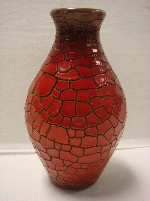 ZSOLNAY HUNGARY Ceramic Vase, Gabriella Torzsok:: ZSOLNAY HUNGARY Ceramic Vase, Gabriella Torzsok: Reptile Skin Surface with Dark Red Glossy Glaze with Green Inner Rim. Marked ZSOLNAY HUNGARY W/Five Tower Mark in Gold. 5 1/2" Tall, CA 1960's. Gabriel