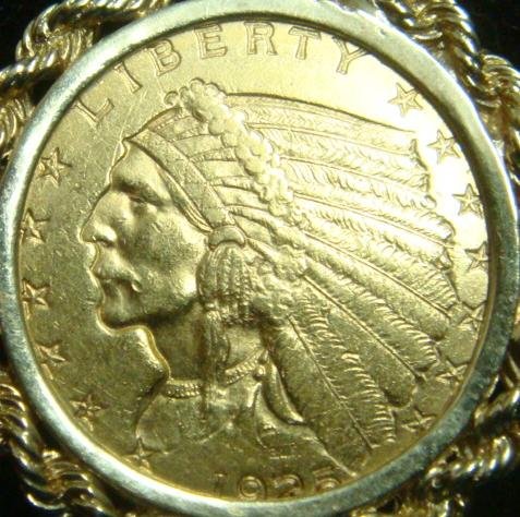 1925D US Gold 2 1/2 Dollar Coin in Ornate Bezel Set:: 1925D US Gold 2 1/2 Dollar Coin in Ornate Bezel Set: MS 63 Gold Coin with Good Luster and Tone. In 14 KT Rope Style Bezel Setting Weighing 3 Grams. Sunken Relief Designed by Bela Lyon Pratt was a Roug