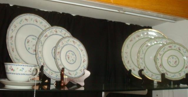 BERNARDAUD LIMOGE Artois Blue/Green Dinnerware:: BERNARDAUD LIMOGE Artois Blue/Green Dinnerware: Decorated with Laurel Wreath and Flowers, Gold Rim on Versailles Shape. 5 Piece Artois Bleu Includes Dinner, Salad and Bread Plates, Cup and Saucer. 3 P