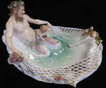 MEISSEN Triton Ensnares a Maiden Figural Group:: MEISSEN "Triton Ensnares a Maiden" Figural Group: 19th C Polychrome Figural Group of Triton with a Water Nymph Holding a Net that has Ensnared a Nude Maiden. She is Missing a Toe, Some Fingers on