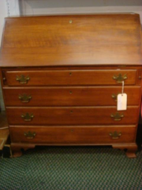 Quality Solid cherry Slant front Desk:: Quality Solid cherry Slant front Desk: Pull Out Supports for Fold Down Front with Four Long Drawers. Bracket Feet. Brass Batwing Pulls. Fitted Interior with Three Small Drawers and Seven Cubbies. Desk