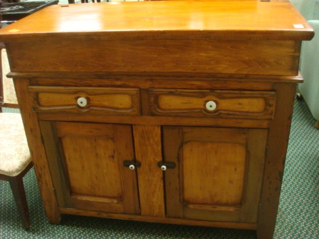19th C. Pine Dry Sink:: 19th C. Pine Dry Sink: Lift Top Dry Sink has Blue Painted Interior. 2 Drawers Over Double Paneled Doors with Porcelain Knobs. Hand Cut Dove Tails on Drawers and Top. Square Nail Heads. 36"T, 21" X 42"