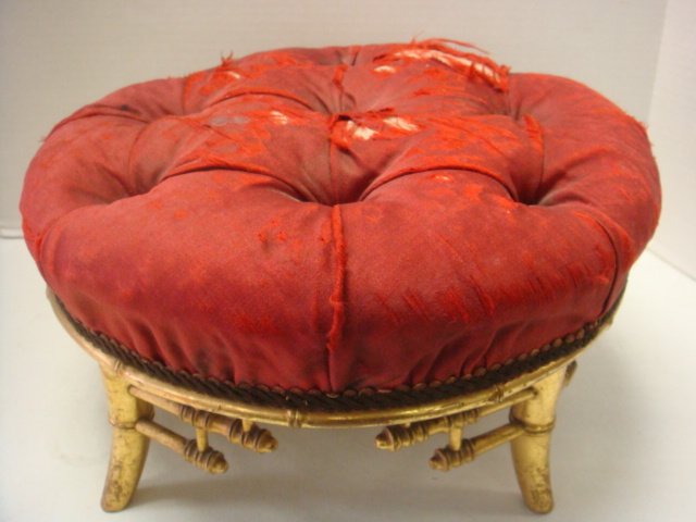 Napoleon III Style Giltwood Pouf Footstool:: Napoleon III Style Giltwood Pouf Footstool: 14" Diameter Circular Tufted Pouf with Braid Trim. Set on Four Faux Bamboo Motif Legs with Turned Support Accents. 7" Tall, Fabric Shattering. Bidding Start