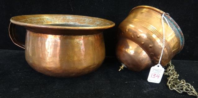Primitive Hammered Copper Chamber Pot, Plant Holder:: Primitive Hammered Copper Chamber Pot, Plant Holder: Chamber Pot has Riveted Handle and Rolled Rim. 5"T, 8 1/2"D. Hanging Plant Holder with Chains and Rolled Rim is 5 1/4"T, 6 1/4"D. Brass Finial on B