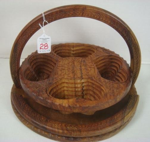Unique Hand carved Collapsible Teak Basket/Trivet:: Unique Hand carved Collapsible Teak Basket/Trivet: Folding Basket with Handle is Spiral Carved From Single Piece of Wood that Folds Flat. Ingenious Piece of Wooden Art. 4 Compartments, 12" Diameter. (