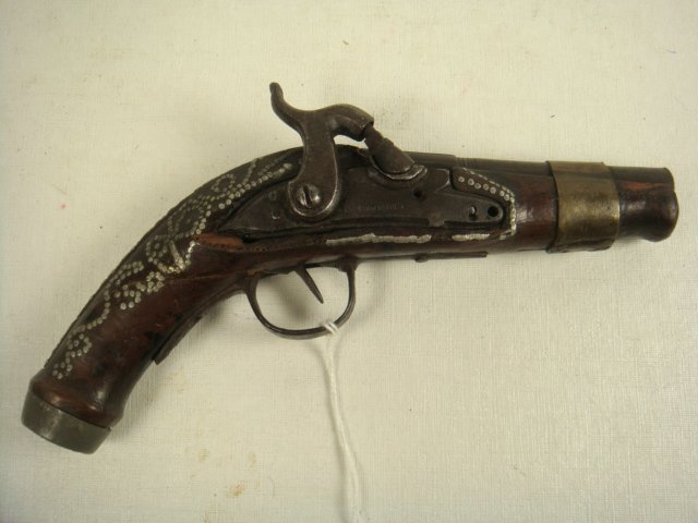 M. GIVRATI Antique Percussion Pistol CA 1780:: M. GIVRATI Antique Percussion Pistol CA 1780: Converted from Flintlock Italian Pistol Likely used & Captured in North Africa and Decorated in Arab Style with Nail Decorations. 9" LOA Antique Firearms 