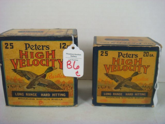 50 PETERS "HIGH VELOCITY" 12 & 20 GA PAPER SHELLS:: 50 PETERS "HIGH VELOCITY" 12 & 20 GA PAPER SHELLS: "LONG RANGE HARD HITTING, AMMUNITION THAT INSPIRES CONFIDENCE". 25 12 GA #7 1/2 and 25 20 GA #5's, In Original Boxes, CA 1955. Good for Older Shotgun