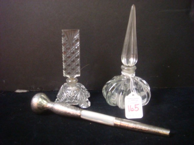 Cut, Pressed Perfume Bottles, Sterling Parasol Handle:: Cut, Pressed Perfume Bottles, Sterling Parasol Handle: Cut Glass Bottle is 5 1/2"T to Top of Stopper. Ribbed Bottle is 7 1/4"T to Top of Spear Stopper. Art Nouveau Sterling Silver Parasol Handle with 