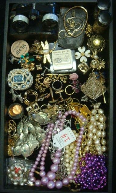 Medley of Costume Jewelry, Opera Glasses:: Medley of Costume Jewelry, Opera Glasses: Maron Opera Glasses, Italy 925 Necklace, Enamel Dogwood Pin, Trifari Hummingbird Pin, Enamel Stick Pin, Beaujewels Earrings, Scotty Cuff Links AEA Frat Pin, V