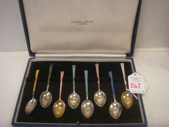 8 English Sterling Silver, Enamel Demitasse Spoons:: 8 English Sterling Silver, Enamel Demitasse Spoons: Makers Mark of Turner & Simpson Birmingham, Registered 1912. Each has a Different Colored Handle. 2 With Gold Wash. Velvet Lined Case Marked T. Good