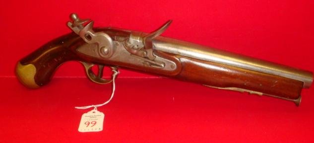 Flintlock TOWER Style Cavalry Pistol:: Flintlock TOWER Style Cavalry Pistol: Replica Made in Japan SN 8046, Brass Striker on Pistol Grip. 8 1/2" Barrel, 15 1/2" LOA. Needs Adjustment. (100-200)