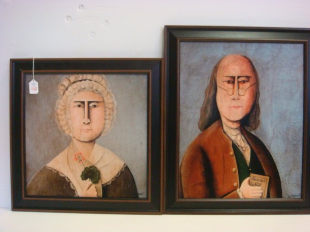 Two Prints, Martha Washington & Benjamin Franklin:: Two Prints, Martha Washington & Benjamin Franklin: Originals were Done By Tim Campbell, New Hampshire Folk Artist. Self Taught, in Galleries Throughout East Coast. Framed to 19" Square and 20" X 23".