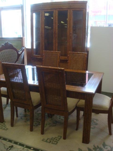 AMERICAN OF MARTINSVILLE 8 Piece Dining Room Set:: AMERICAN OF MARTINSVILLE 8 Piece Dining Room Set: Faux Bamboo and Rattan Style, Includes Dining Table with Smoked Glass Inserts, 29"T, 59 1/2" X 54" with Two 15 3/4" Leaves. Six Chairs, One with Arms,