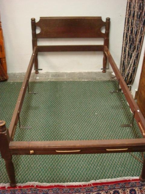 Painted Pine Single Converted Rope Bed:: Painted Pine Single Converted Rope Bed: Converted to Twin with 39" X 79" Opening. Rope Pegs Removed. Straight Side Rails and Shaped Headboard. "Sleep Tight" Meant You Were Tightening the Ropes on the
