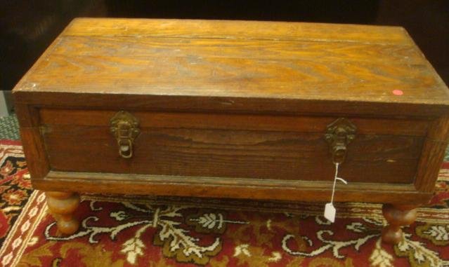Handmade Vintage Carpenters Oak Tool Box:: Handmade Vintage Carpenters Oak Tool Box: Fitted Interior with Straps and Stationary Box. Metal Clasps, Sits on 4 Bulbous Legs. Unrestored. 33"W X 16"T X 16 1/2"D (200-300)