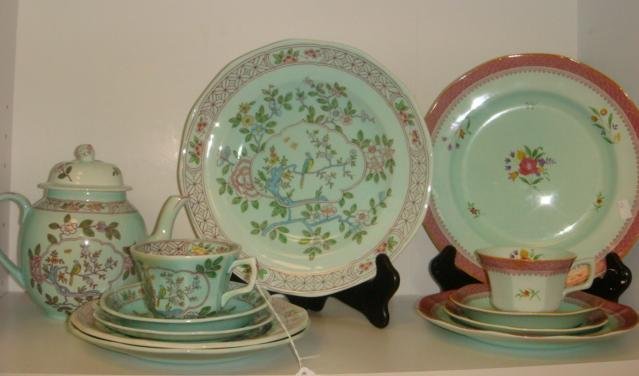 Two Patterns of ADAMS China:: Two Patterns of ADAMS China: 7 Pieces of Adams Wedgwood Ironstone with Teapot and 4 Adams English Floral on Green Ground. (80-120)