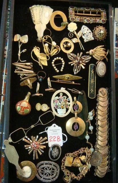 Vintage Ladies Costume Jewelry:: Vintage Ladies Costume Jewelry: Shell Fan for Chatelaine, Longnette, Shell Cameo, Remeni Charm Bracelet, Mexican Coin Bracelet, Pendants, 4 Pearl Pins, Phyllis Pin, Abalone Sweater Clips and Cuff Link