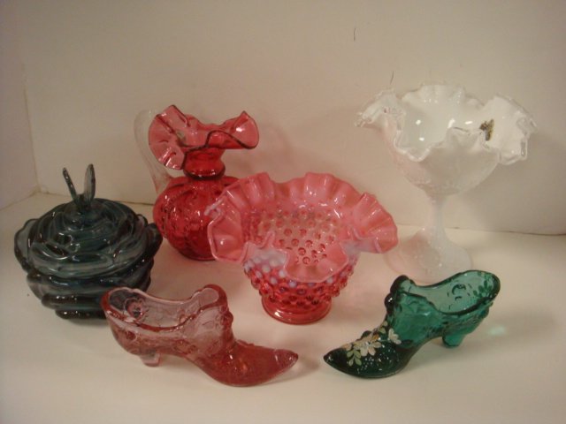 Six Pieces of FENTON Colored Glass:: Six Pieces of FENTON Colored Glass: Hobnail Pink Opalescent 4"T Ruffled Vase, Two Fenton Shoes, 1 Pink, One Hand painted Green Signed with Flowers, 2 Piece Blue Butterfly Finial Candy Bowls, Silver Cr