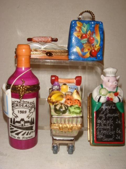 Five Gourmet Hand Painted Limoges Boxes:: Five Gourmet Hand Painted Limoges Boxes: Shopping Cart with Food, 3"T, Wine (Bordeaux) Bottle with Chef Tag, 4"T, Menu Board with Chef Pig, 3 1/2"L, Cook Book with Rolling Pin, 2 1/2"L, Shopping Bag w