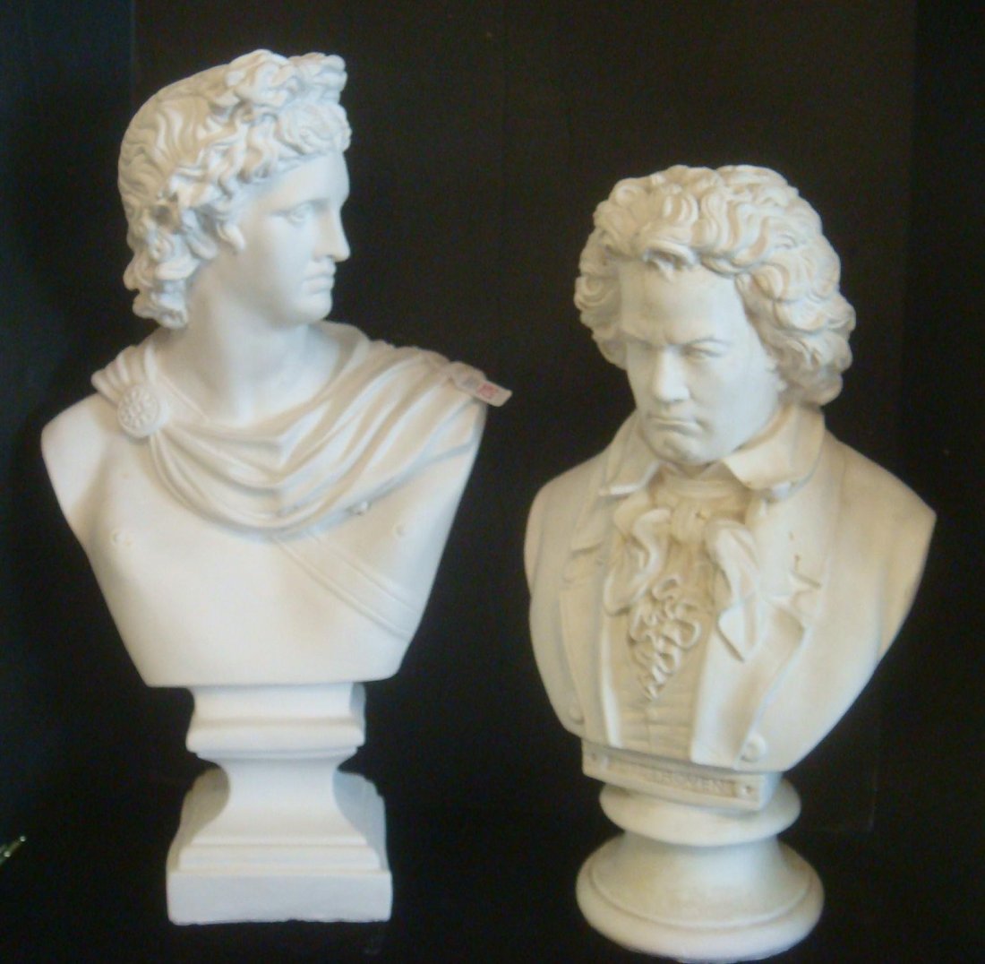 Plaster Cast Busts of Apollo and Beethoven:: Plaster Cast Busts of Apollo and Beethoven: The Original Apollo Belvedere was Done by Leochares in the 4th Century, Now in the Vatican. 24"T. The Original Bust of Beethoven was Created from a Life Mas