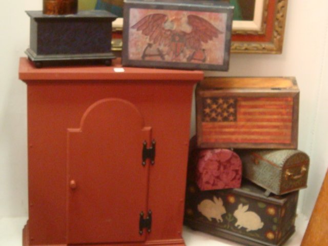 Colonial Red Single Door Cabinet, 7 Decorator Boxes:: Colonial Red Single Door Cabinet, 7 Decorator Boxes: Cabinet is 24"T X 21"W X 8D with Black Wrought Iron Hinges. Painted Blue Inside. Colonial Style, Jewelry, Folk Art and Trinket Boxes. (100-200)