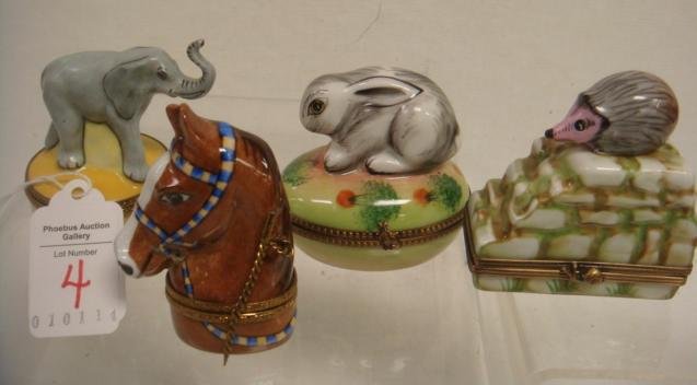 Four Animal Themed Hand painted LIMOGES Boxes:: Four Animal Themed Hand painted LIMOGES Boxes: ROCHARD European Hedgehog Hides His Ear of Corn, CHARMART Bunny on Her Easter Egg, Blazed Stallion Ready to Ride, and a Joyous Pacaderm. (120-250)