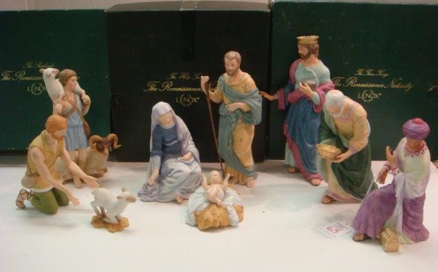 LENOX 1991 Renaissance Nativity Set, Original Boxes:: LENOX 1991 Renaissance Nativity Set, Original Boxes: Includes Holy Family, 3 Kings and Shepherds with Lamb. 9 Pieces Total. Joseph Missing a Finger and Repaired Staff. One King has Repaired Crown. (15