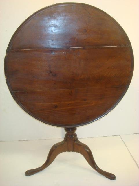 18thC American Walnut Queen Anne Tilt Top Tea Table:: 18thC American Walnut Queen Anne Tilt Top Tea Table: Bird Cage Support with Circular Dish Top, Turned Pedestal, Cabriole Legs and Carved Detail on Slipper Feet. Crom Connecticut. Age Cracks on Top, Fe