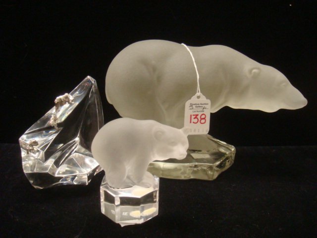 Three Glass and Silver Polar Bears on Crystal Ice:: Three Glass and Silver Polar Bears on Crystal Ice: Goebel Mother and Cub Frosted Polar Bears on Clear Glass "Icebergs". Mother is 4"T 9"L. Cub is 3 1/2"T, 3 1/4"L. Baby has Gold Goebel Sticker and Etc