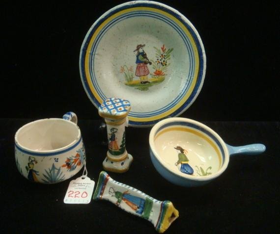 Five Vintage QUIMPER Pieces:: Five Vintage QUIMPER Pieces: Very Early Breton 6 1/4" Red Earthenware Plate with P Mark From About 1845. HR Mark Teacup Ca 1895-1922 (Glaze Flakes, Repair). Small Breton Handled 3 1/2"D Bowl with Henr